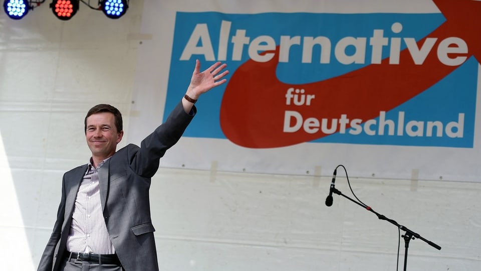 AfD-Parteichef Bernd Lucke winkt dem Publikum zu.