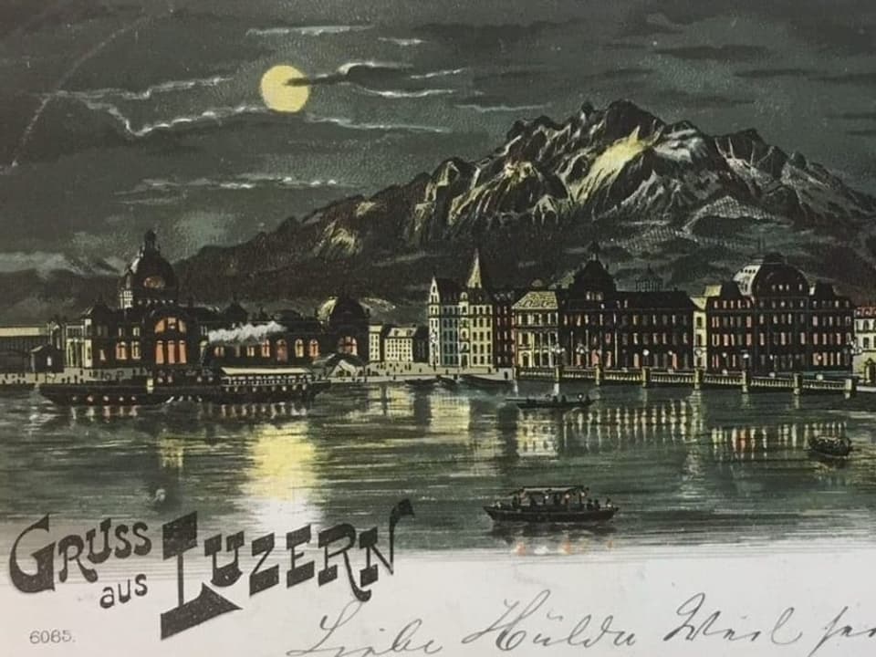 Postkarte von 1899, die Luzern am Fusse des Pilatus zeigt.