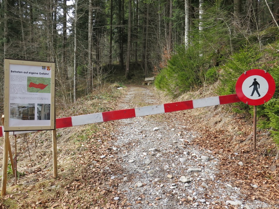 Gesperrter Waldweg mit zwei Warnschildern