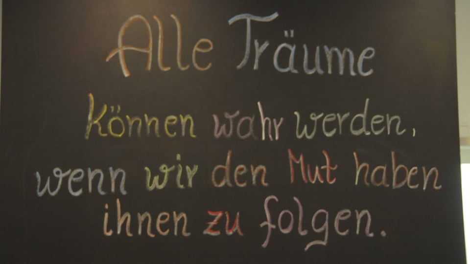 Bunter Text auf einer Tafel.