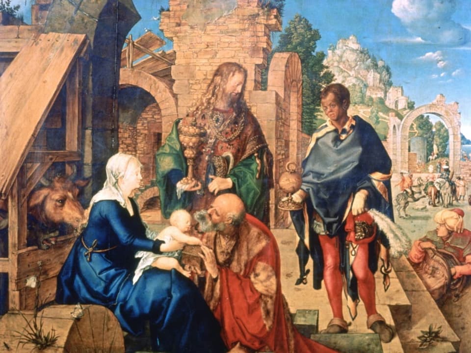 Darstellung der drei Waisen aus dem Morgenland, die bei Maria und dem Jesuskind vorbeischauen.