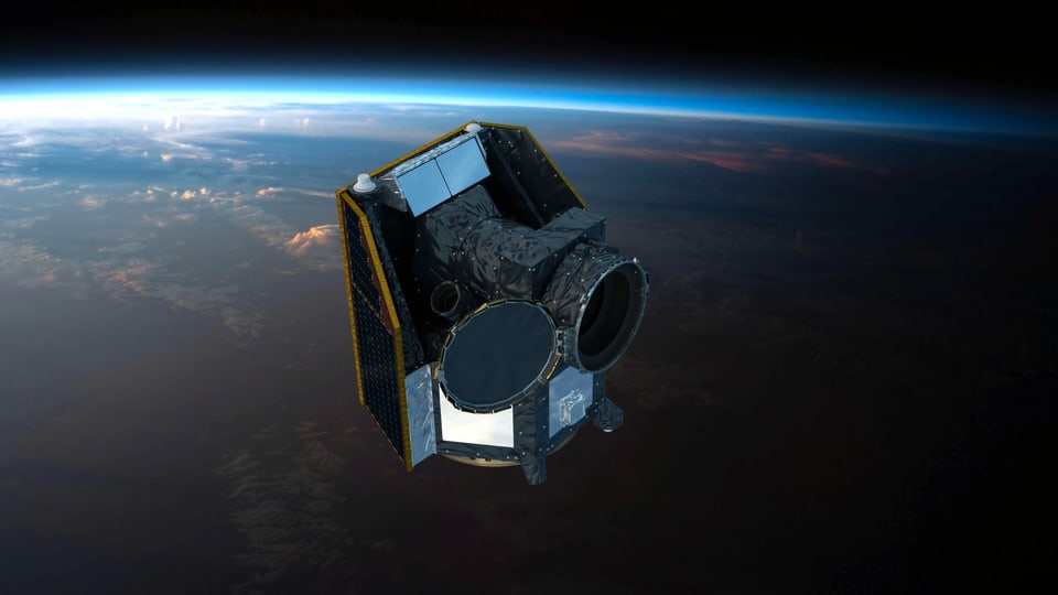 Computergrafik eines Satelliten im Weltraum, im Hintergrund die Erde