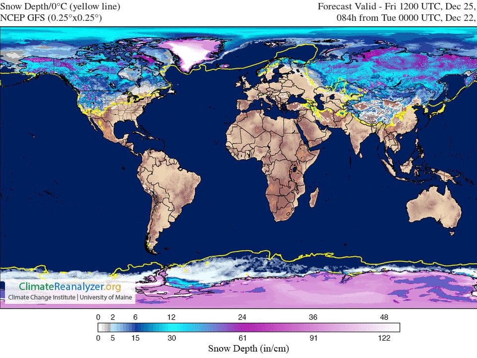 Auf einer Weltkarte sind die Nullgradgrenze und die Verteilung von Schnee dargestellt. Mit Ausnahme der Antarktis liegt auf der Südhalbkugel wegen dem Südsommer praktisch kein Schnee. Auf der Nordhalbkugel ist Europa und der Osten der USA erstaunlich braun eingefärbt. Während in den Rocky Mountains etwas südlicher Schnee liegt.