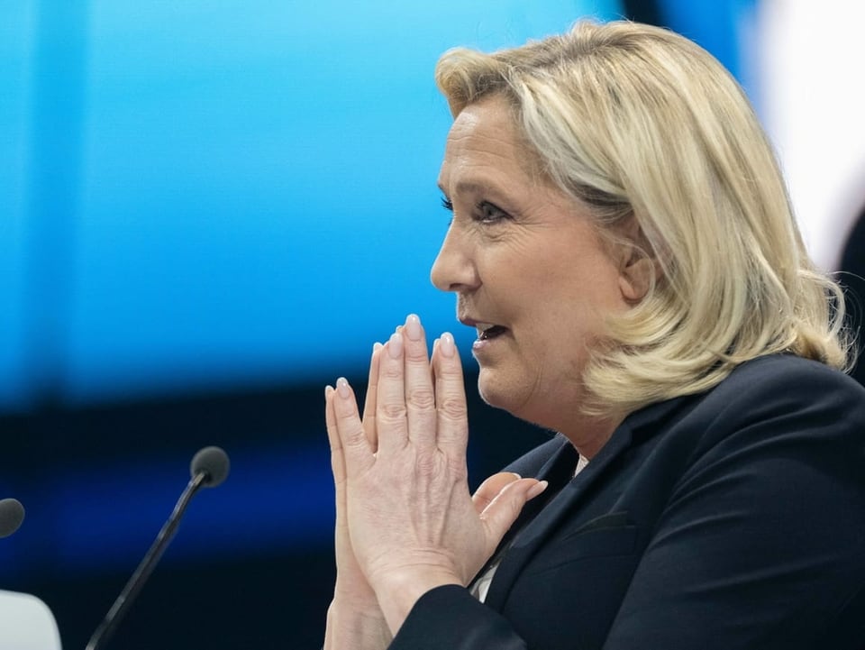 Marine Le Pen vor dem Mikrofon.