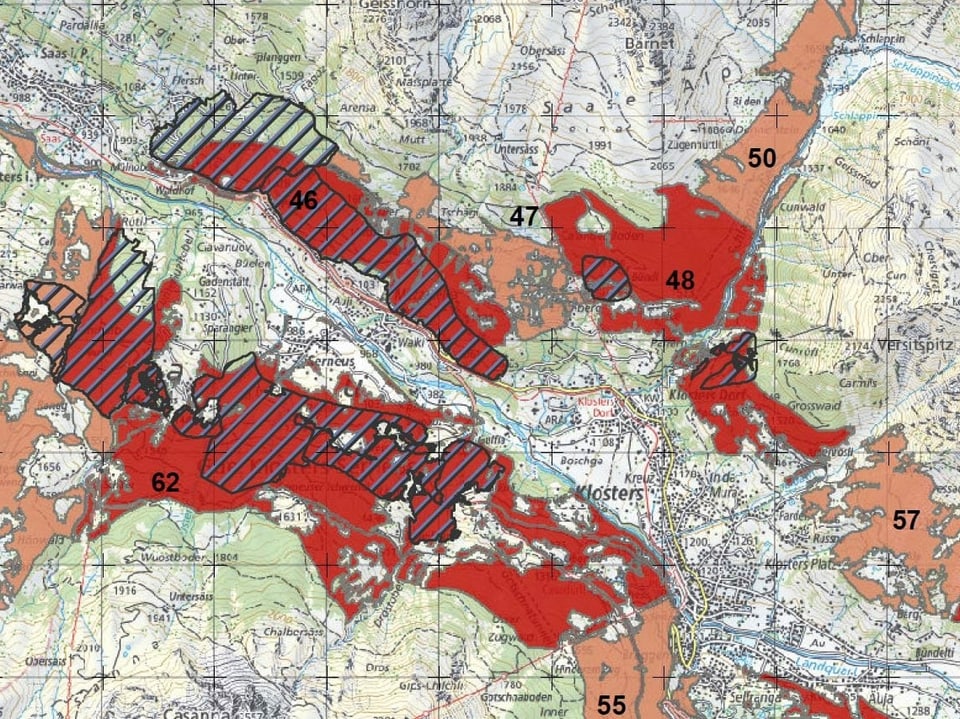 Kartenausschnitt mit rot eingefärbten und schraffierten Flächen.