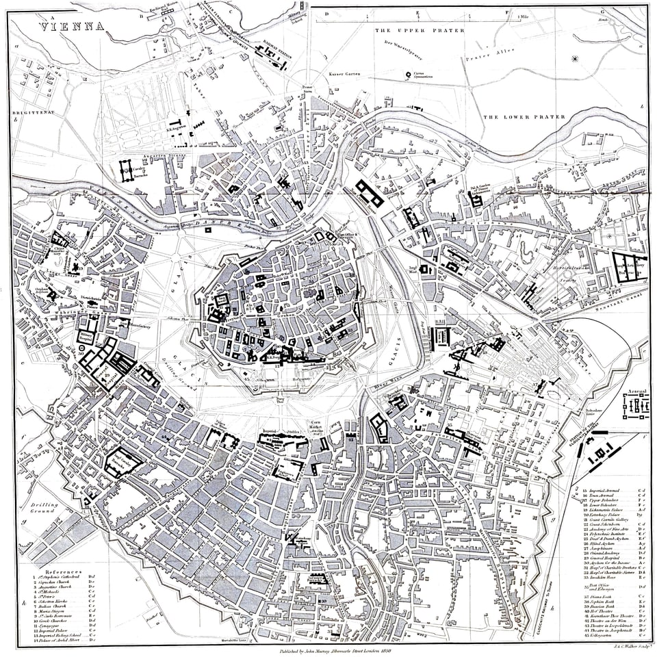 Stadtplan von Wien um 1858.