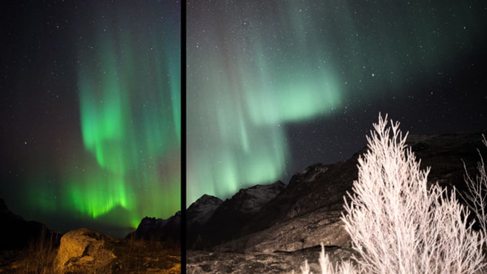 Zweigeteiltes Bild eines Polarlichts: auf der linken Seite mit kräftigeren, auf der rechten mit blassen Farben