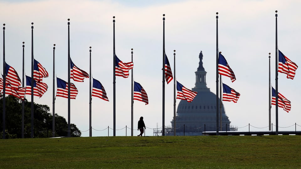 An mehreren Fahnenmasten hängen USA-Fahnen auf Halbmast, dahinter die Silhouette des US-Kapitols in Washington DC.