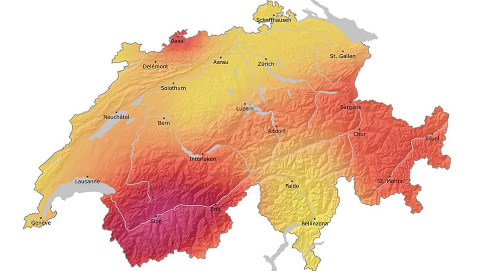 Karte der Schweiz, besonders gefährdete Gebiete rötlicher, weniger gefährdete gelblich.