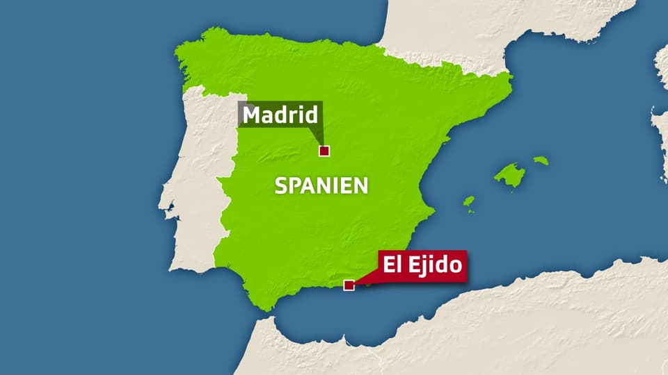 Eine Karte Spaniens. Eingezeichnet sind die Hauptstadt Madrid, ungefähr in der Mitte des Landes, sowie die Stadt El Ejido ganz im Süden an der Küste. 