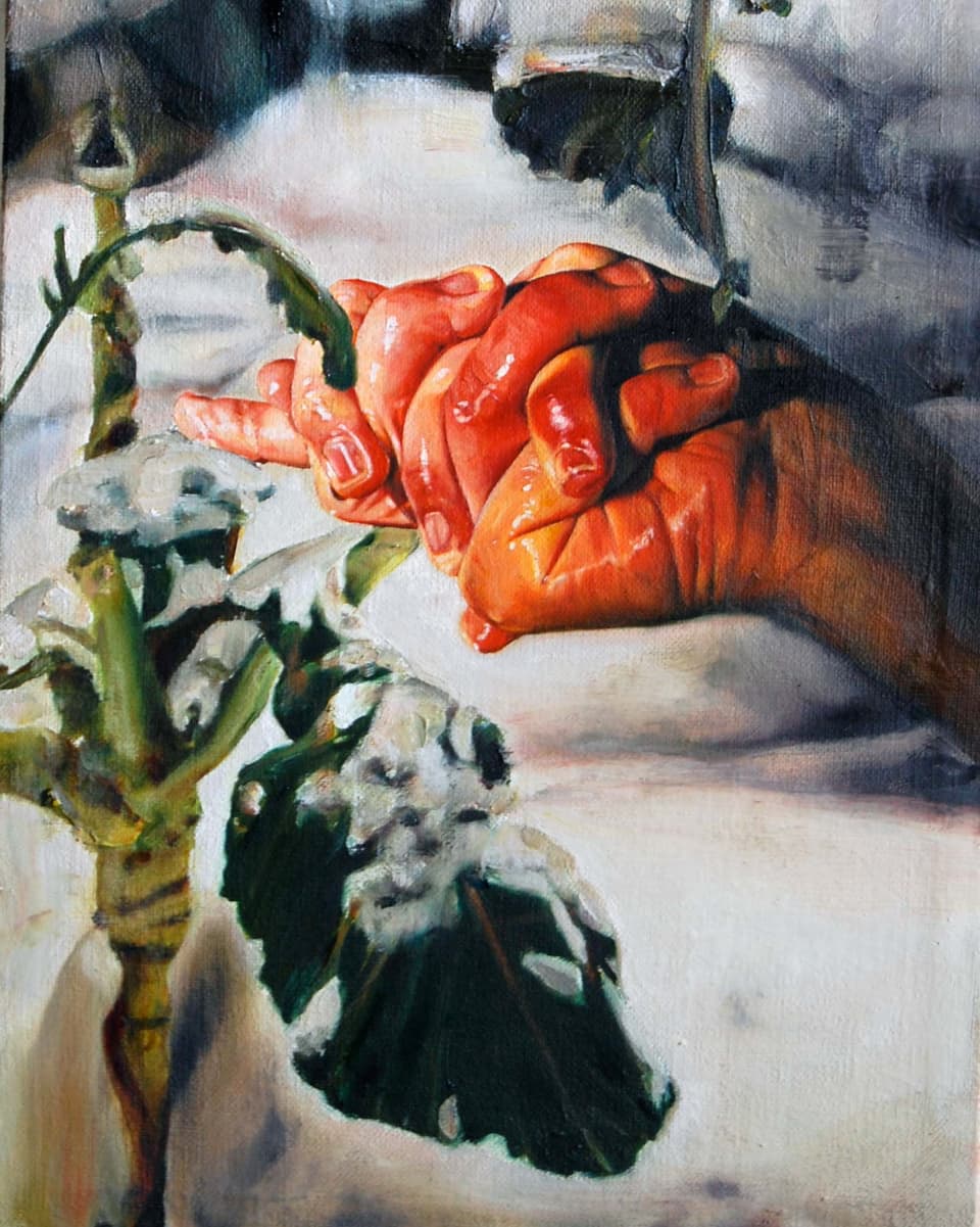 Ölgemälde: Eine realistisch gemalte Hand mit acht Fingern.