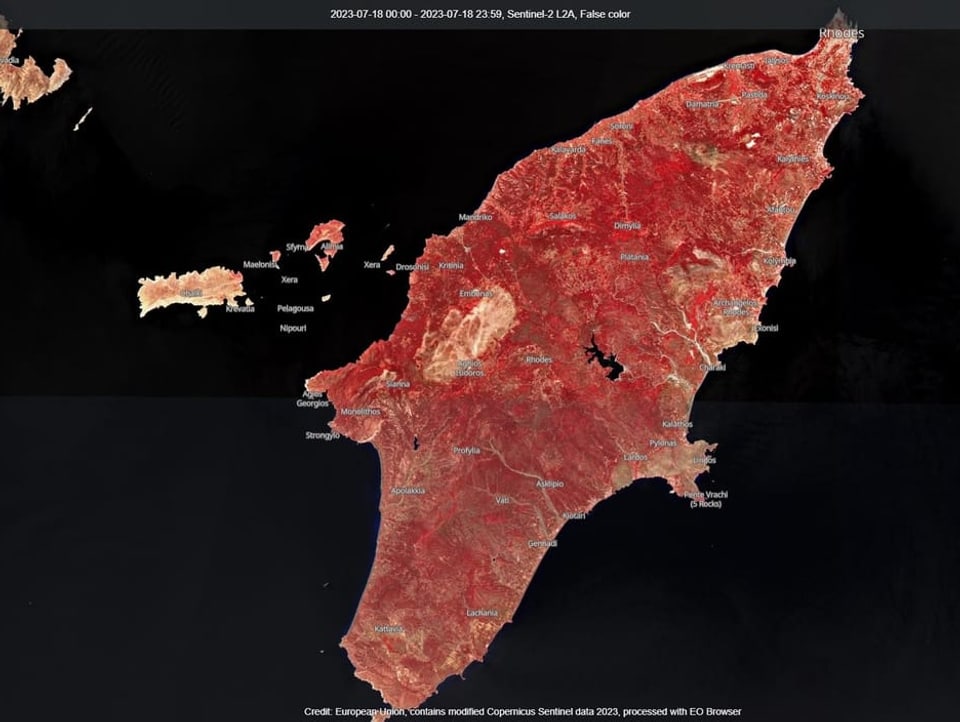 Satellitenbild von Rhodos vor dem Waldbrand