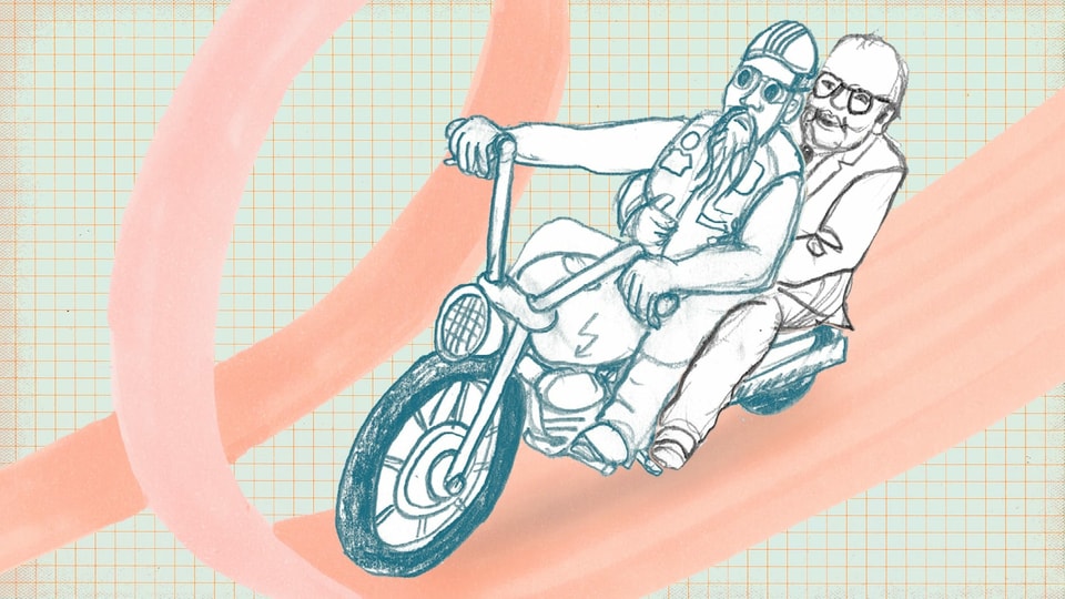 Zeichnung: Dürrenmatt auf dem Rücksitz eines Motorrades, das von einem Rocker gelenkt wird.