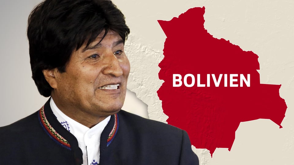 Evo Morales, im Hintergrund der Kartenumriss von Bolivien.