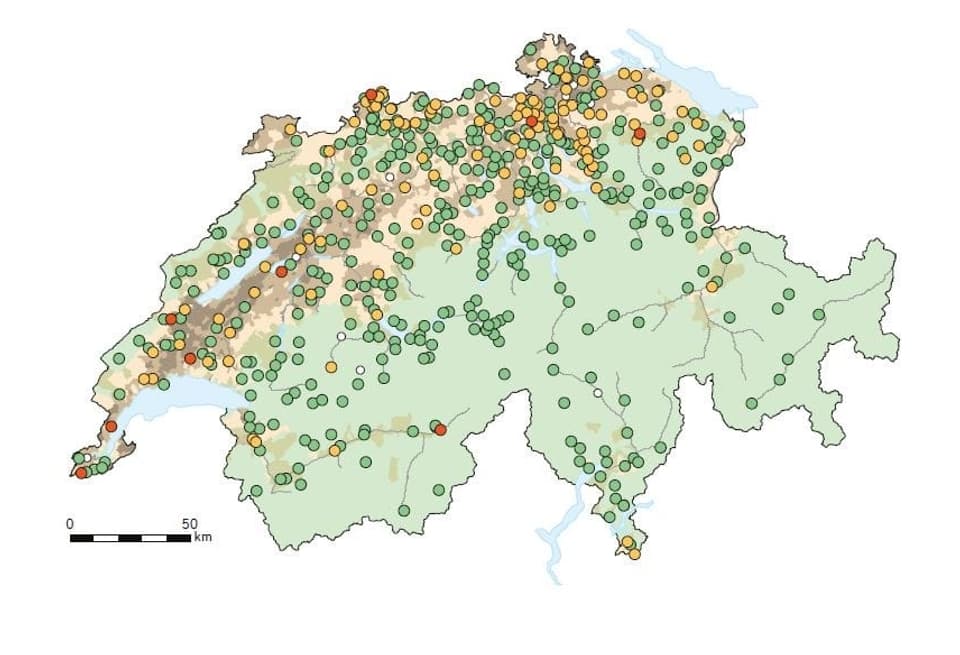 Landkarte der Schweiz mit Messstellen.