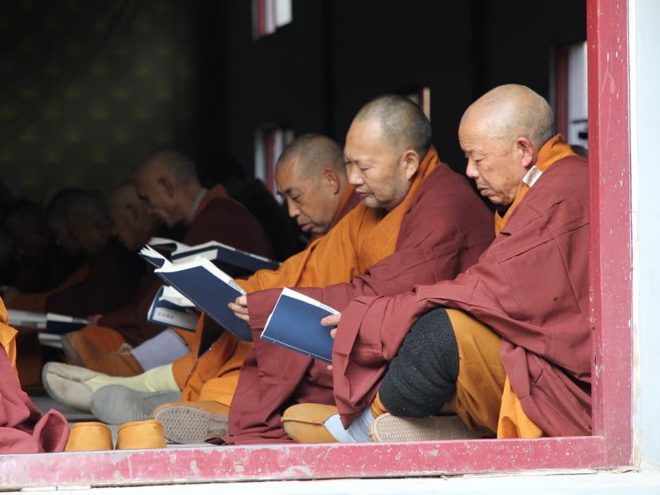 Männer in Mönchskleidung lesen.