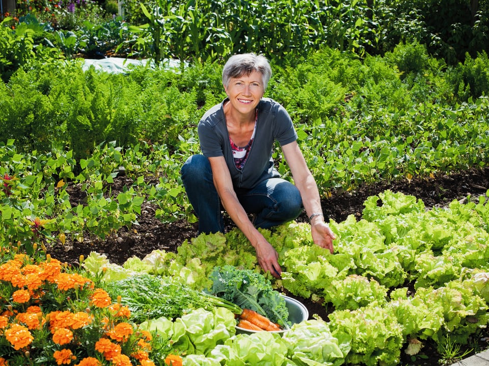 Heidi in ihrem Gemüsegarten.