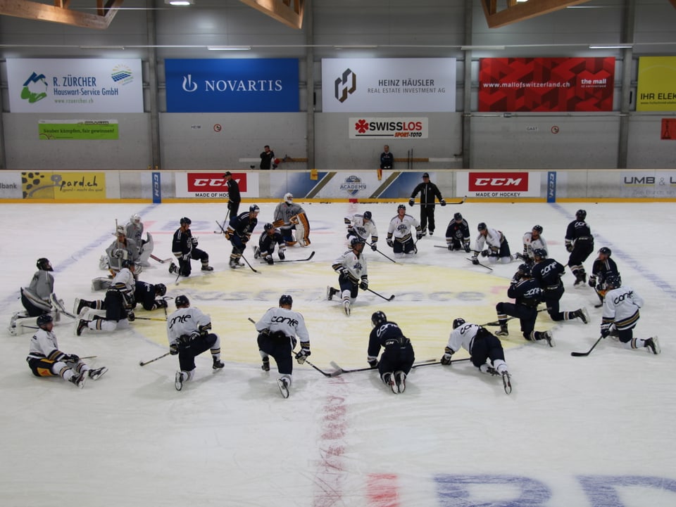 Eishockey-Spieler in einem Kreis auf dem Feld.