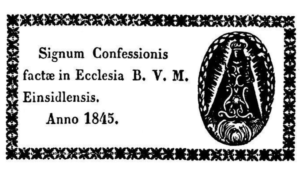 Lateinischer Text «Signum Confessionis factae in Ecclesia B. V. M. Einsidlensis. Anno 1845.» und Marien-Votivbild