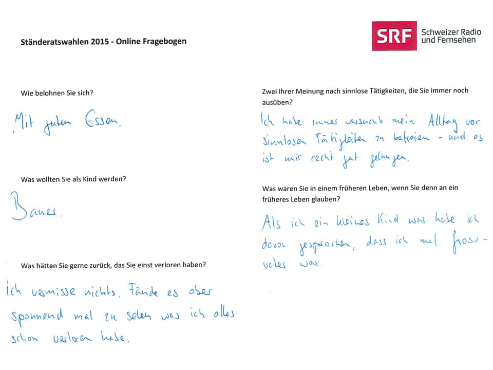 Online-Fragebogen, handschriftlich ausgefüllt von Bastien Girod.