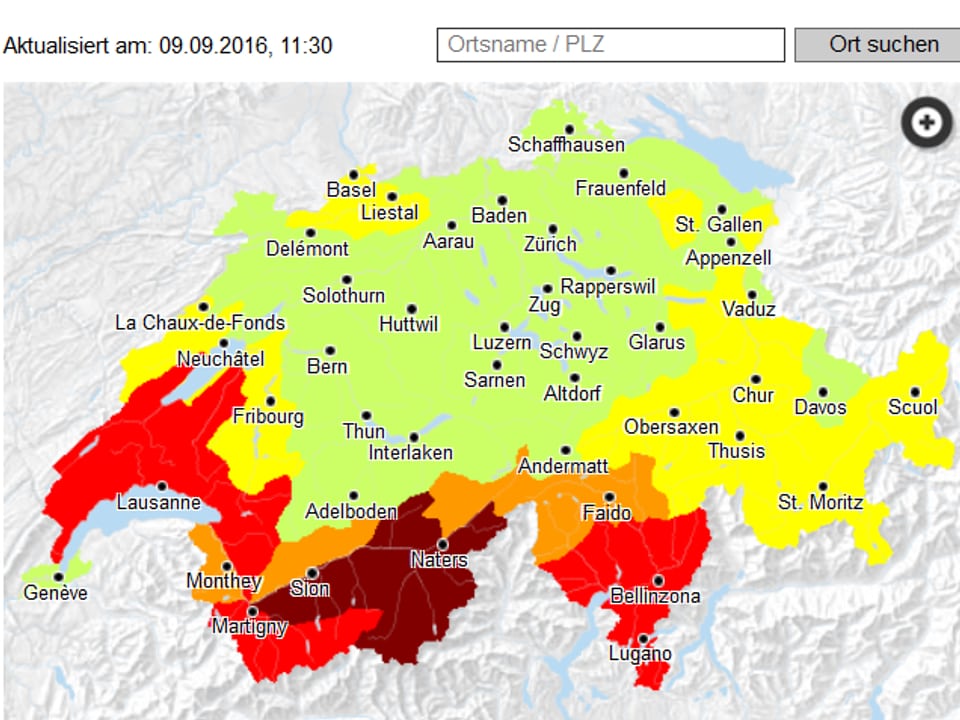 Karte der Schweiz. Regionen im Westen, Wallis und im Süden sind rot und violett eingefärbt.