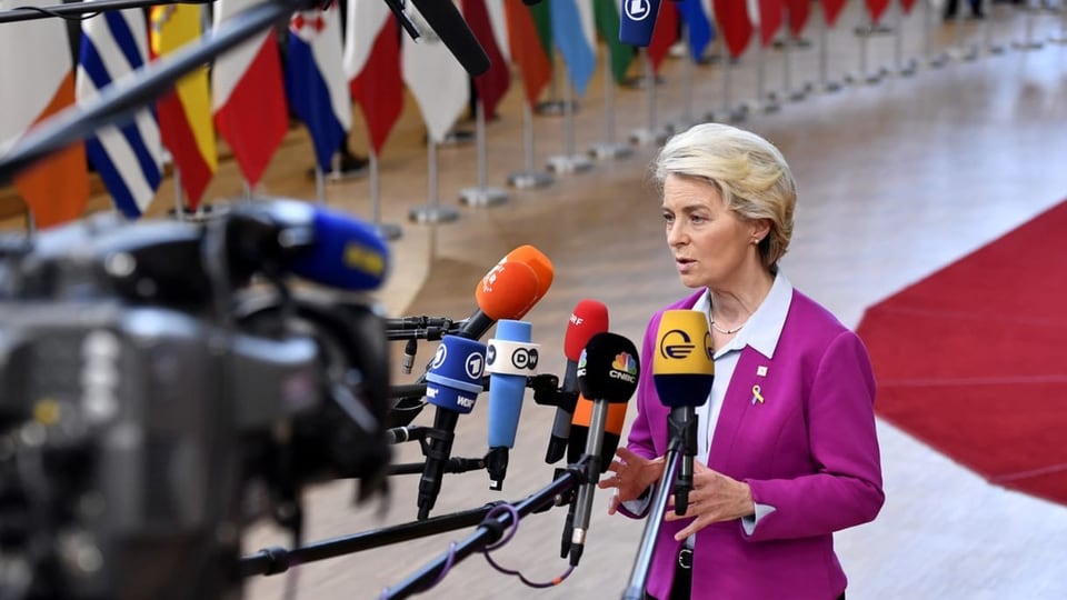 Von der Leyen spricht in Mikrofone.