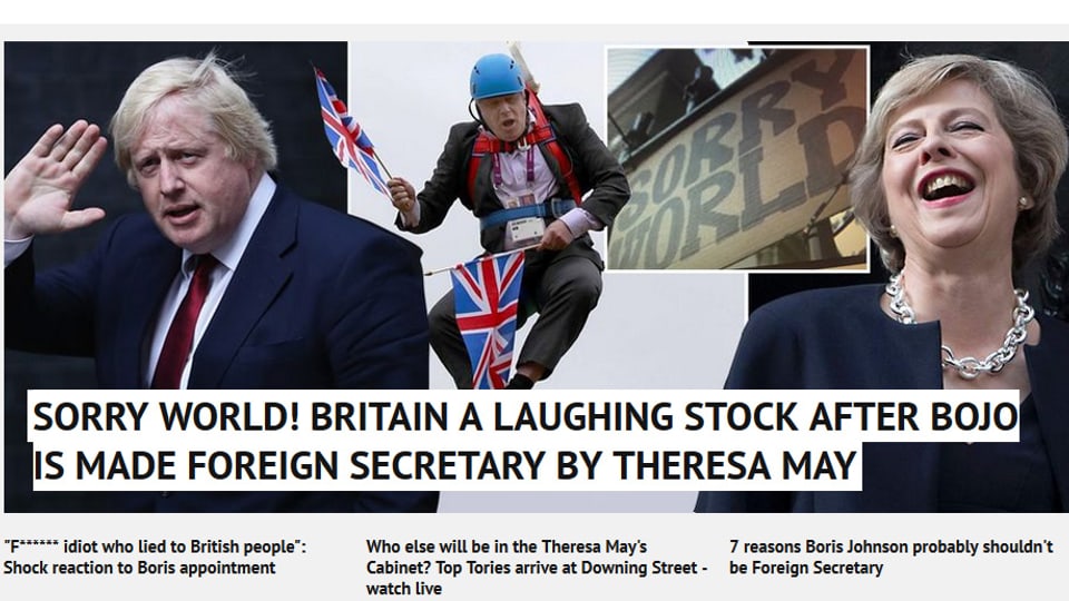 Fotomontage, die Boris Johnson in der Luft schwebend mit dem zwei Fähnchen zeigt.