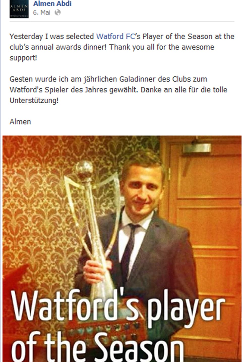 Abdis Facebook-Post nach der Wahl zu «Watford's player of the Season»