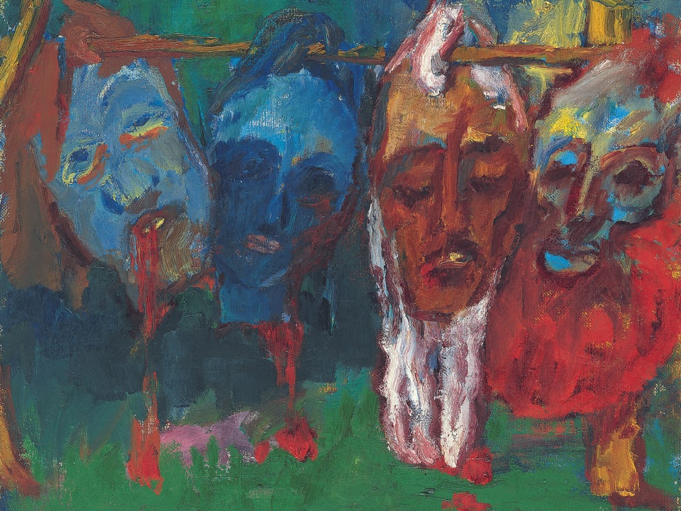Ein Gemälde: fünf farbige Köpfe hängen an einem Ast.