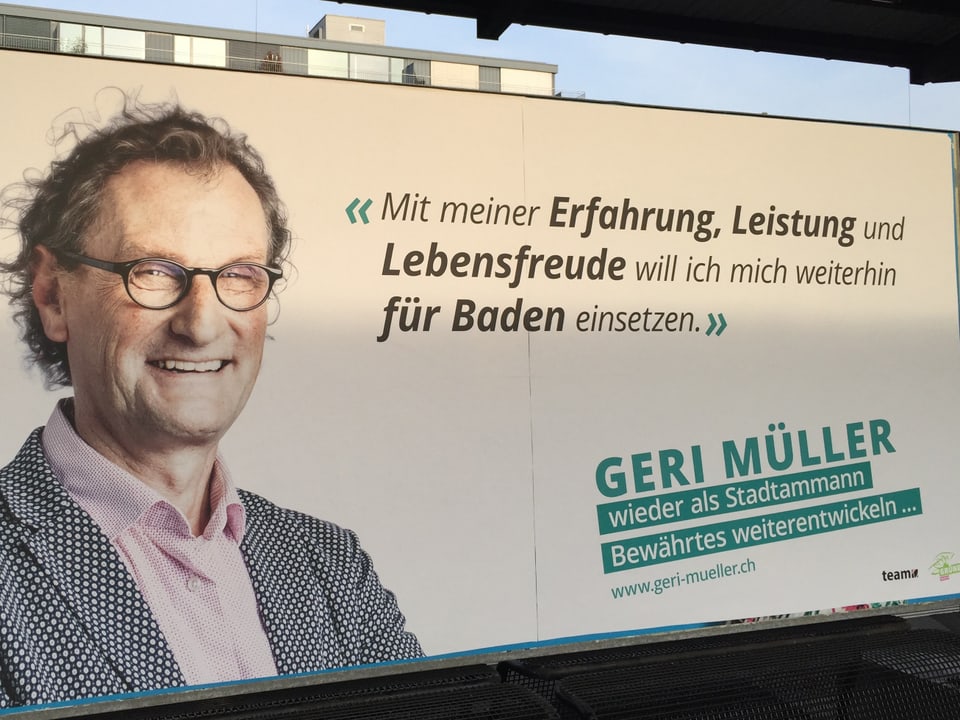 Mann auf Wahlplakat, Aufschrift Geri Müller.