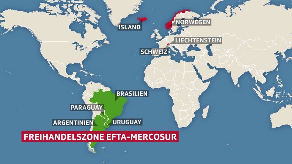 Die Freihandelszone Efta-Mercosur auf einer Karte abgebildet.