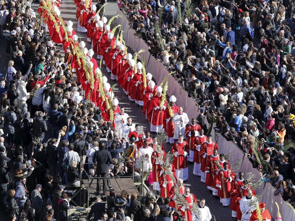 Kardinäle mit Palmen inmitten Menschen im Vatikan
