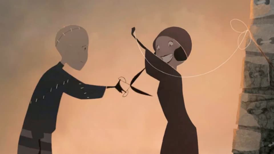 Szene aus einem Animationsfilm: Mann mit Schere und Frau mit Faden.