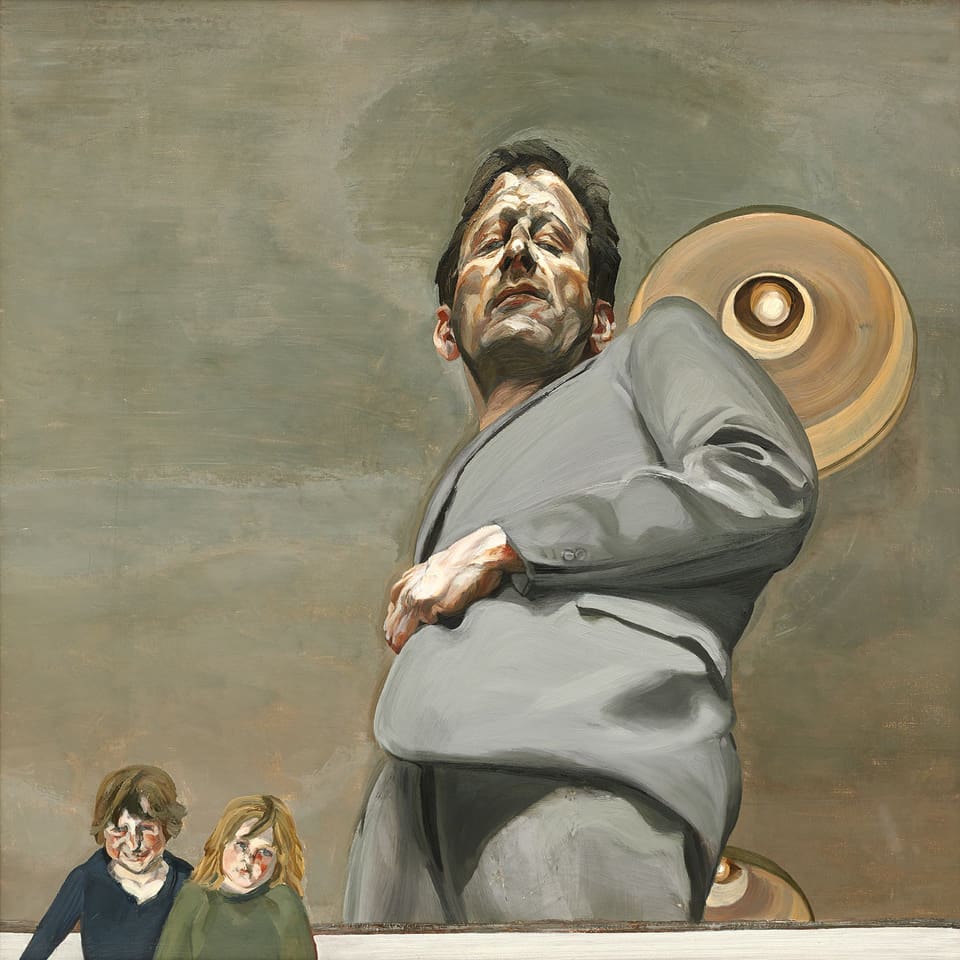 Selbstporträt des Künstlers Lucian Freud mit zwei Kindern.