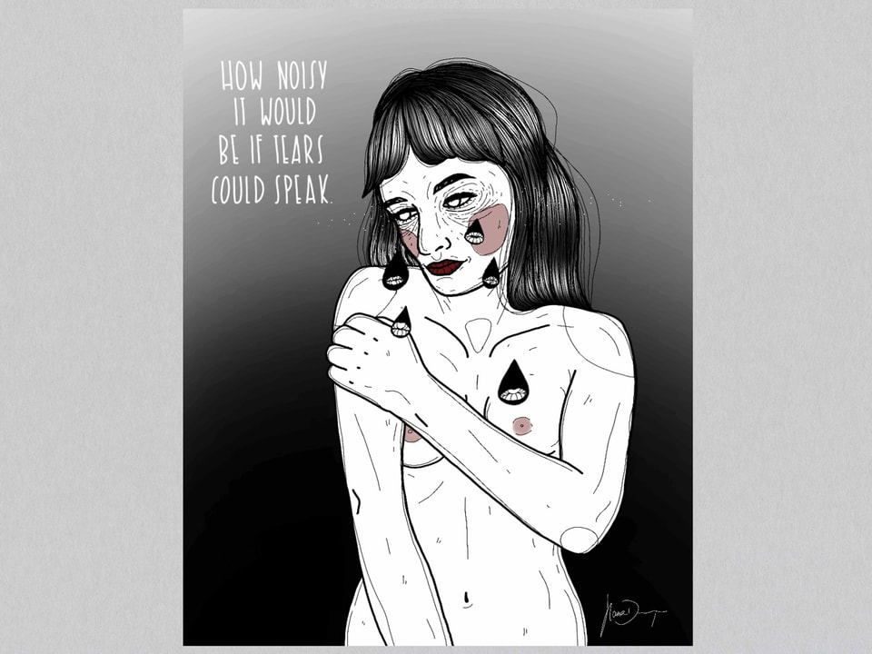 EIn Comic zeigt eine Frau mit grossen, dunklen Tränen.