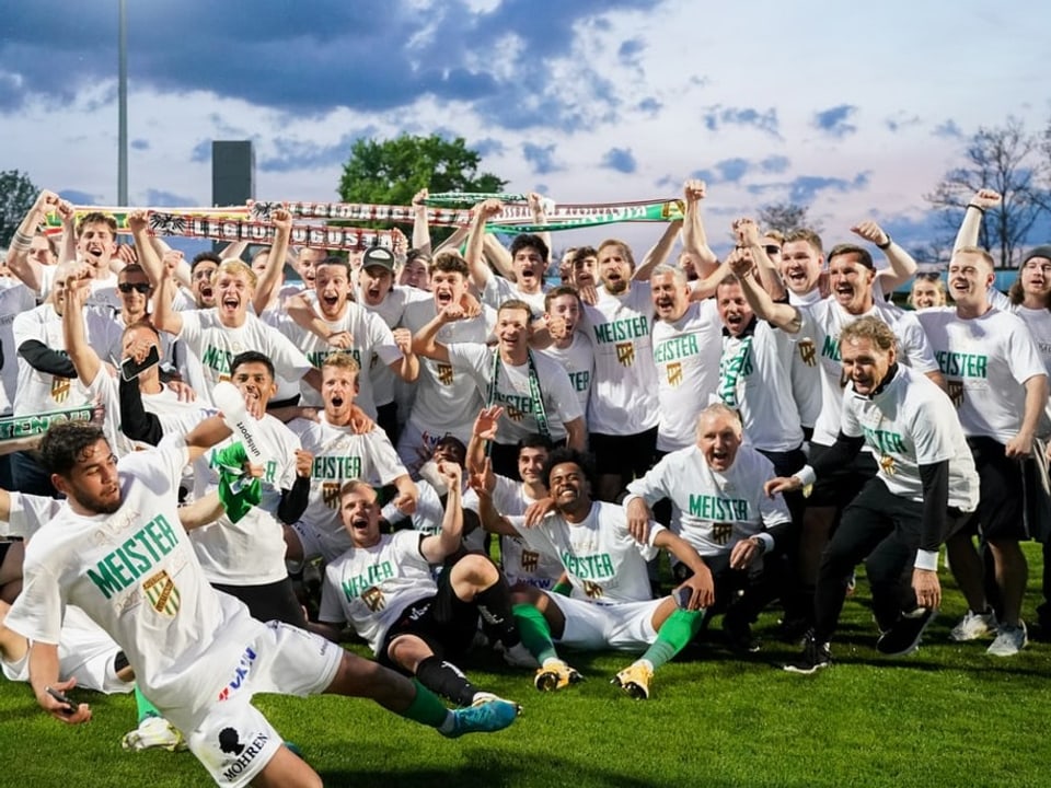 Die Spieler von Austria Lustenau bejubeln den Aufstieg.