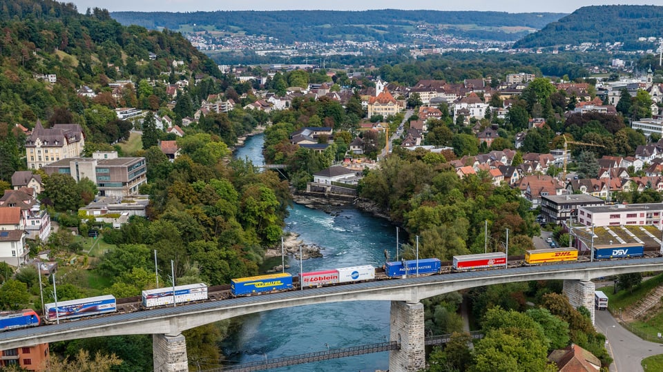 Ein Güterzug mit Lastwagenauflegern auf einer Brücke.