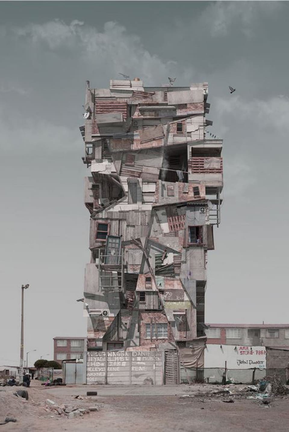 Ein Turm, der wie so aussieht, als würde er aus einzelnen Slumhütten bestehen.