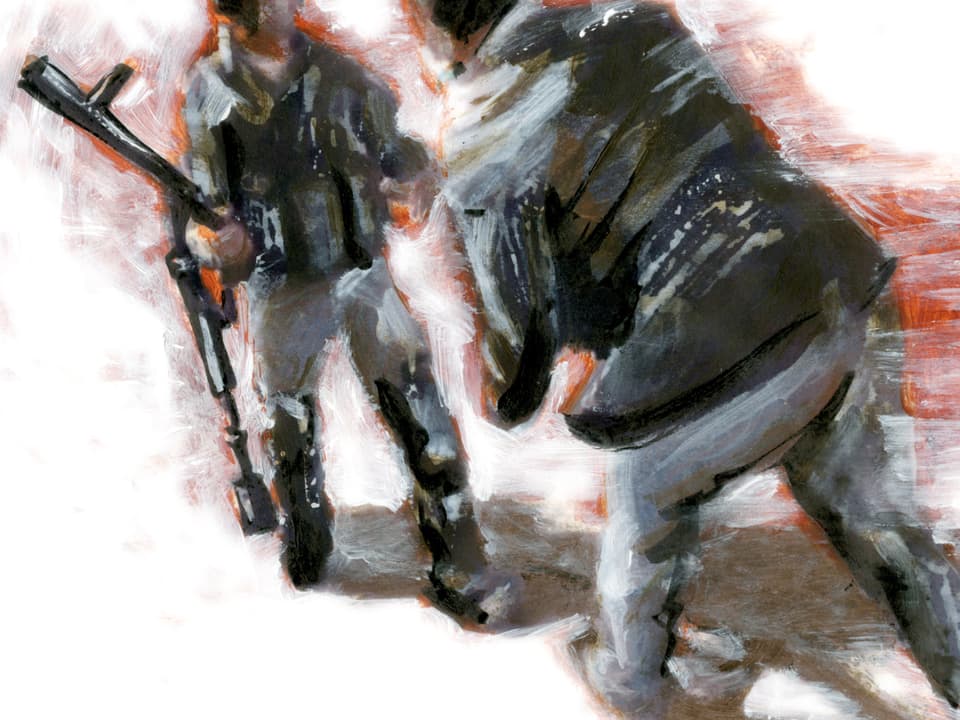 Bild aus einem Animationsfilm: zwei Soldaten laufen über Schnee.