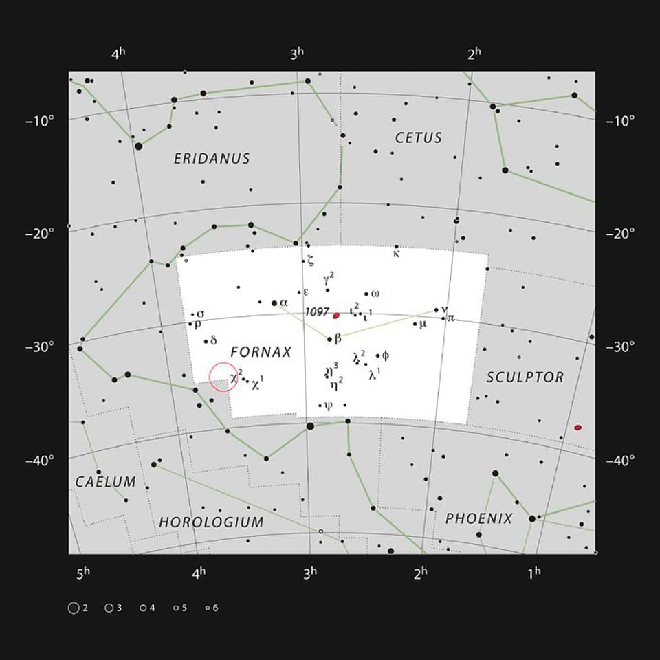 Karte mit den Sternen im südlichen Sternbild Chemischer Ofen.