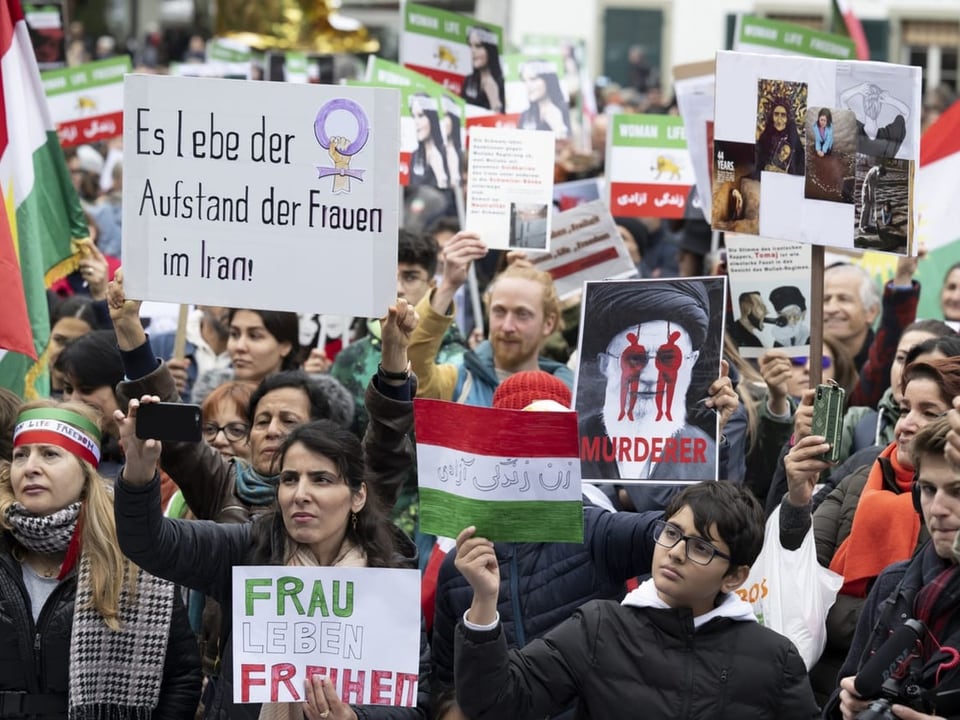 Menschen protestieren mit Plakaten und Iran-Fahnen.