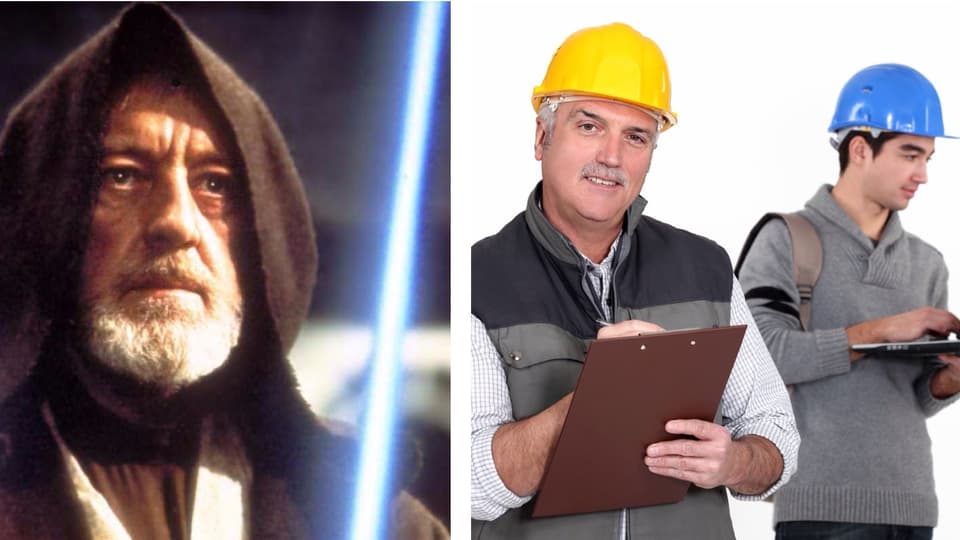 Collage: Obi Wan Kenobi und Meister mit Lehrling auf dem Bau