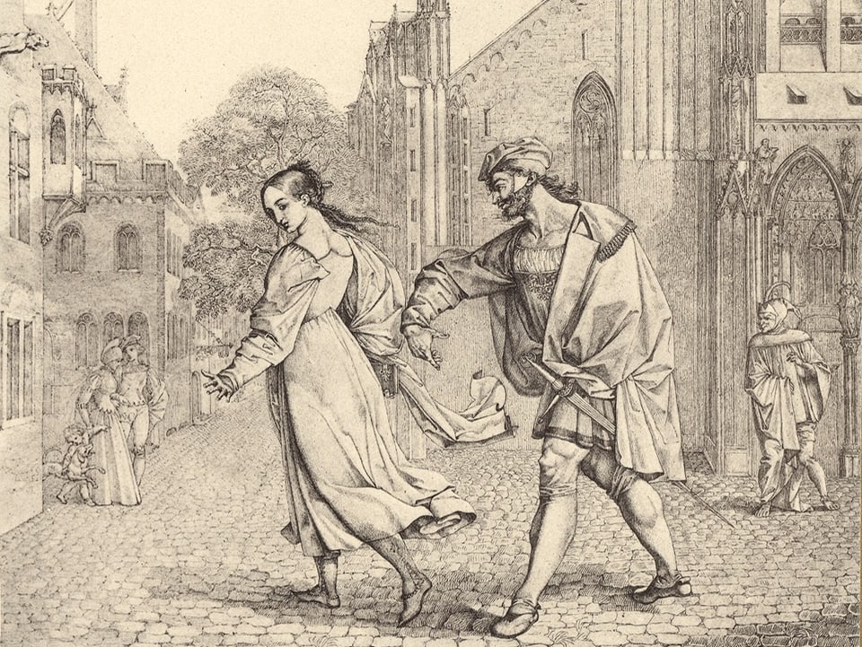 Ein altertümlicher Stich zeigt eine Szene, in der ein Mann mit Gewand einer jungen Frau nachstellt.