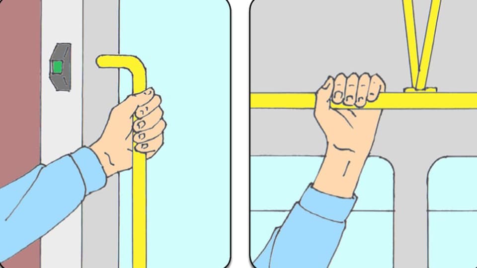 Zwei Piktogramme mit Händen, die sich an den Stangen im innern des Trams festhalten