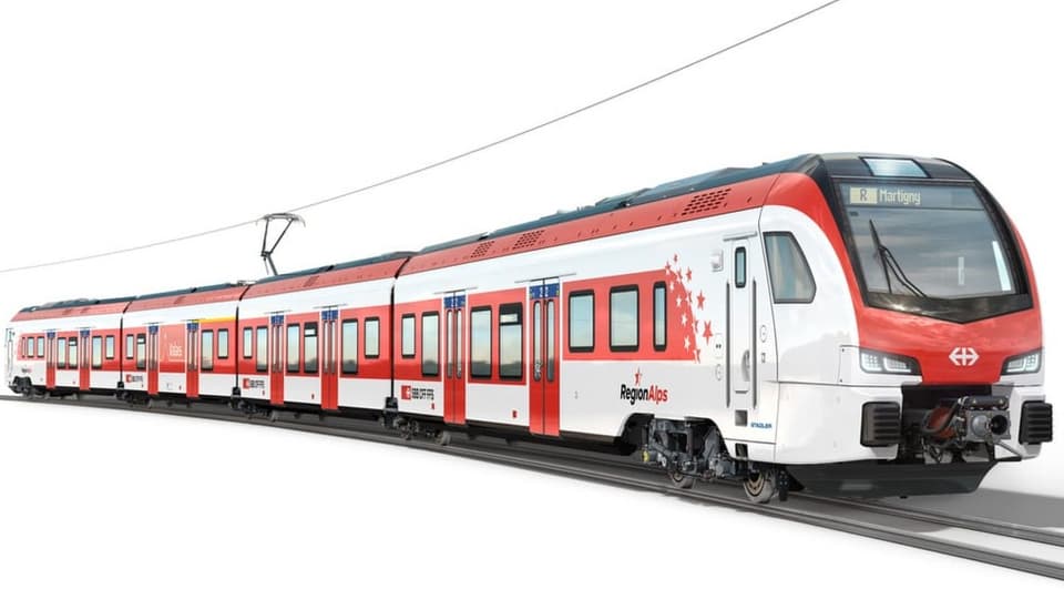 Ein weiss-roter einstöckiger Zug fährt auf Schienen