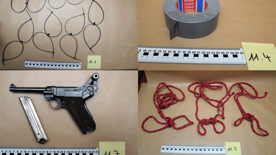 Pistole, Klebeband, Stricke, Kabelbinder auf Polizeifotos