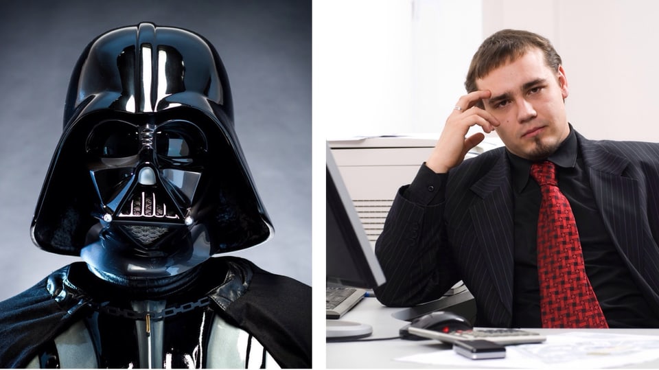 Collage: Darth Vader und genervter Chef am Pult