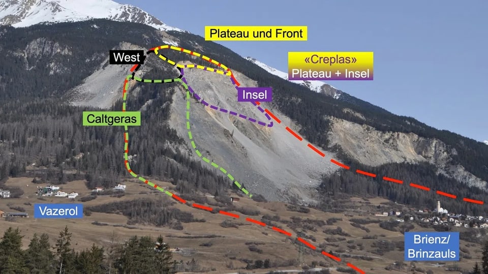 Der violett markierte Bereich «Insel» bewegt sich immer schneller und bedroht das Dorf Brienz.