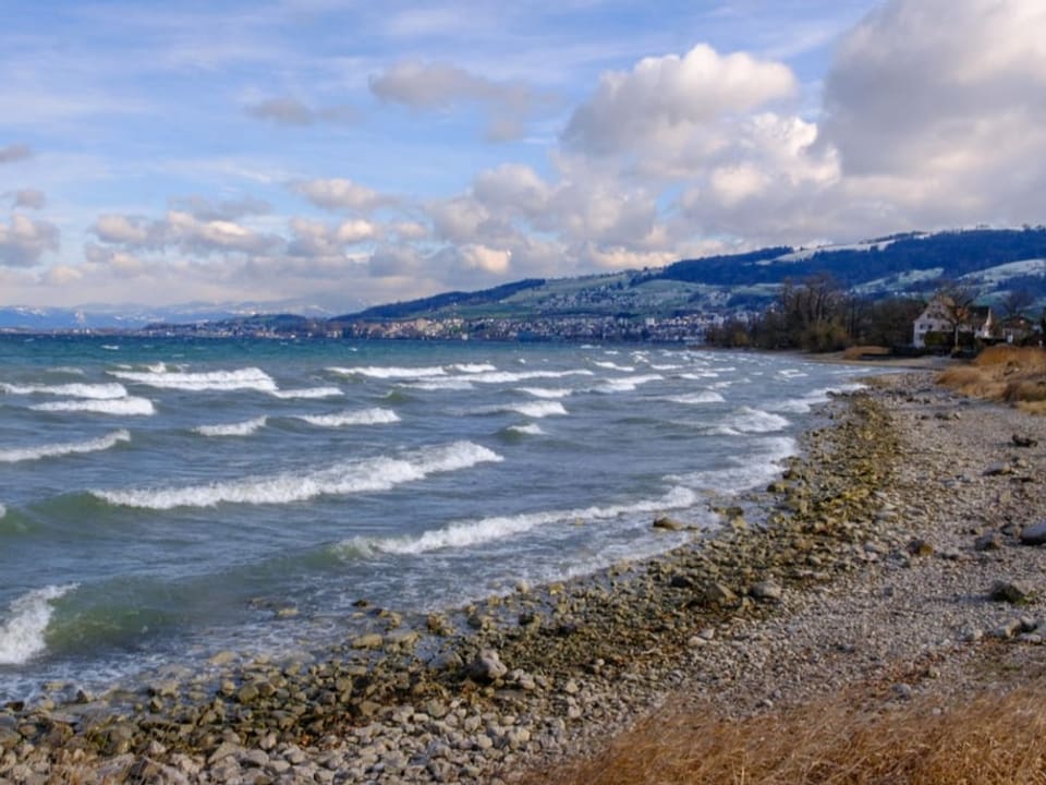 Ufer eines Sees mit hohen Wellen wie am Meer. Blauer Himmel mit ein paar Wolken. 