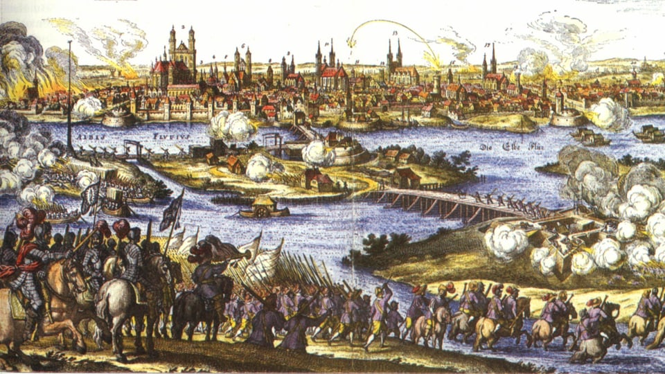 Zeichnung: Militärtruppen greifen eine Stadt an.